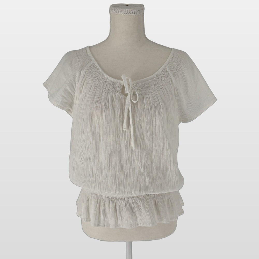 Gauze Peasant Top Womens L White Ruffle Boho Cottagecore Coquette Milkmaid Fairy